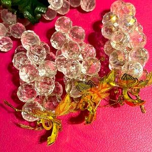 Vintage Acrylic Crystal Grapes Ornament With Laser Cut Gold Stem Leaves Taiwan